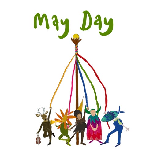 Drawing of May pole with figures dancing