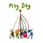 Drawing of May pole with figures dancing